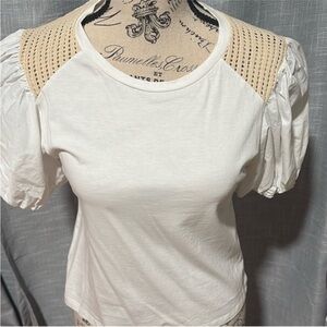Zara White Blouse with Tan Shoulder Detail